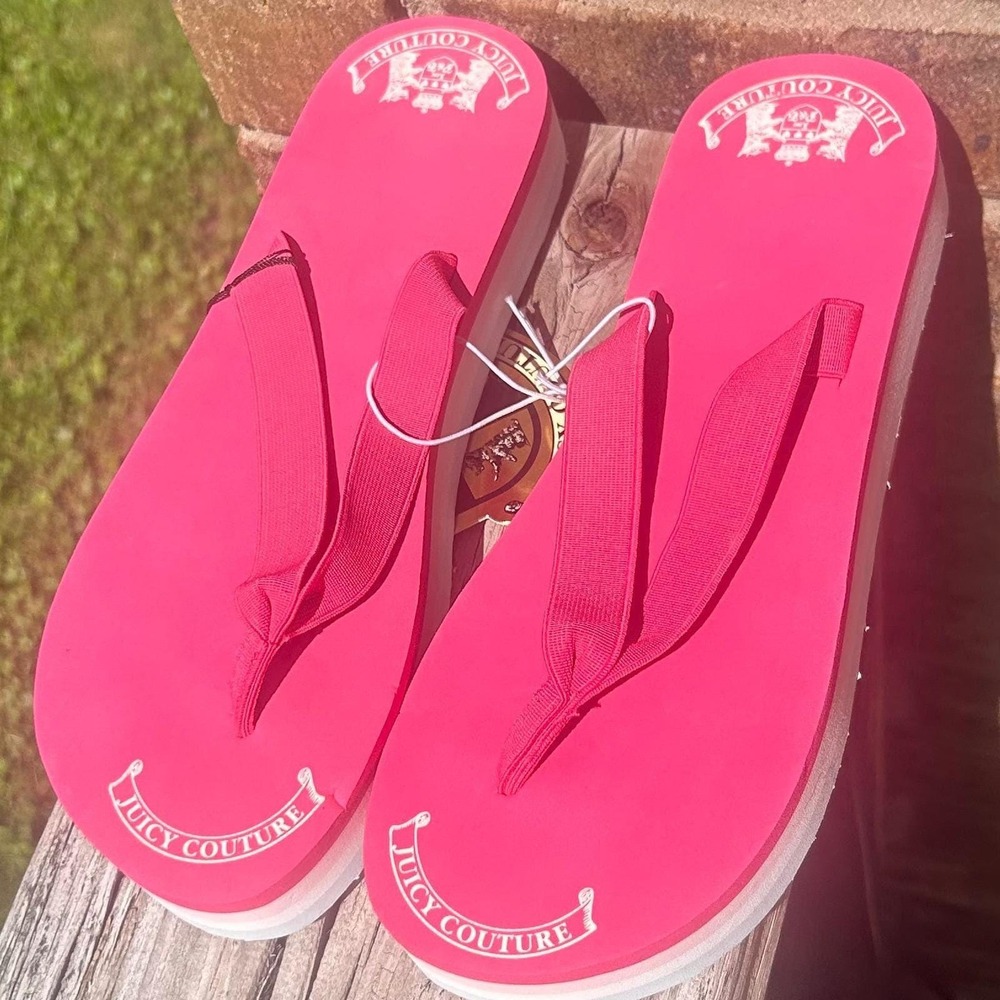 Juicy Couture Platform Flip Flops Sandals 9 Pink Deadstock 2000s Y2K Bling Rare - Picture 3 of 6